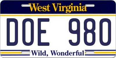 WV license plate DOE980