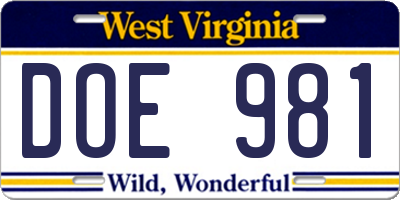 WV license plate DOE981