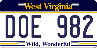 WV license plate DOE982