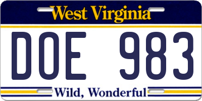WV license plate DOE983