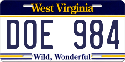 WV license plate DOE984