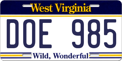 WV license plate DOE985