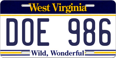WV license plate DOE986