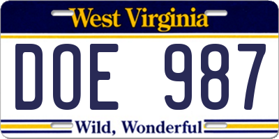 WV license plate DOE987