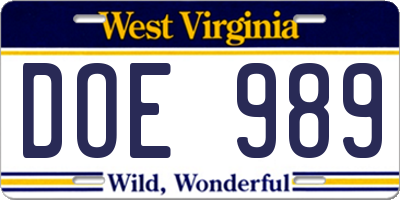 WV license plate DOE989