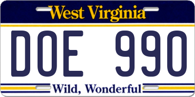WV license plate DOE990