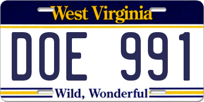 WV license plate DOE991