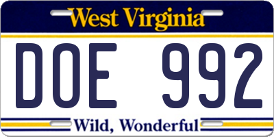 WV license plate DOE992