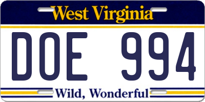 WV license plate DOE994