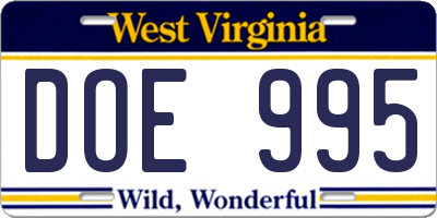 WV license plate DOE995