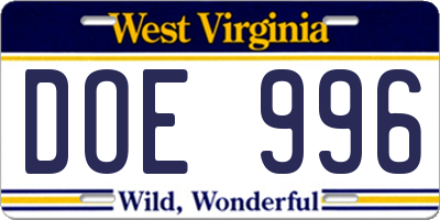 WV license plate DOE996