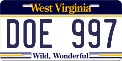 WV license plate DOE997