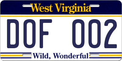 WV license plate DOF002