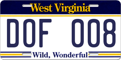 WV license plate DOF008