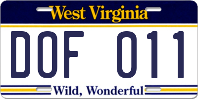 WV license plate DOF011
