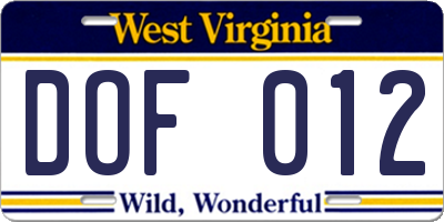 WV license plate DOF012