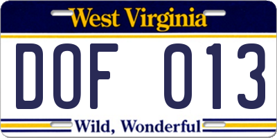 WV license plate DOF013