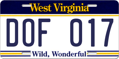 WV license plate DOF017