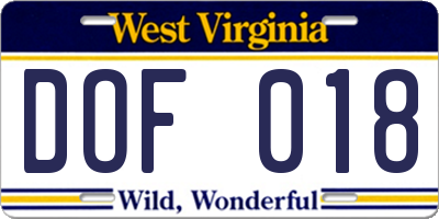 WV license plate DOF018