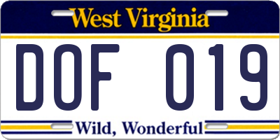 WV license plate DOF019