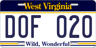 WV license plate DOF020