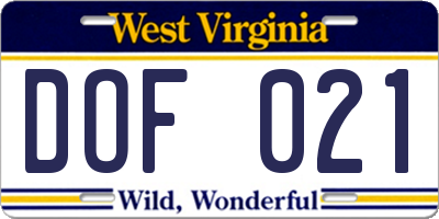 WV license plate DOF021