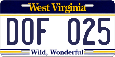 WV license plate DOF025