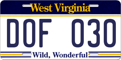 WV license plate DOF030