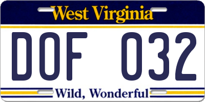 WV license plate DOF032