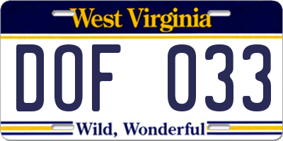 WV license plate DOF033