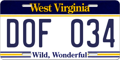 WV license plate DOF034
