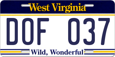 WV license plate DOF037