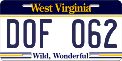 WV license plate DOF062
