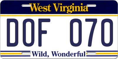 WV license plate DOF070