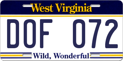 WV license plate DOF072