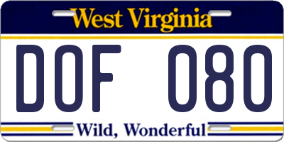 WV license plate DOF080