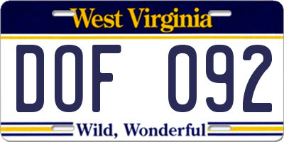 WV license plate DOF092