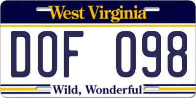 WV license plate DOF098