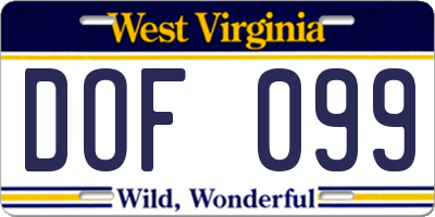 WV license plate DOF099