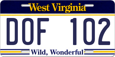 WV license plate DOF102