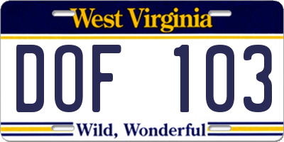 WV license plate DOF103