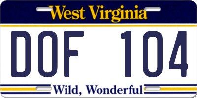 WV license plate DOF104