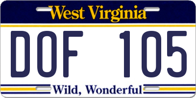 WV license plate DOF105
