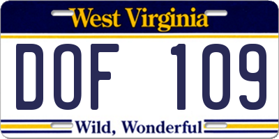WV license plate DOF109