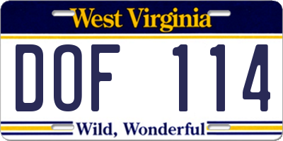 WV license plate DOF114