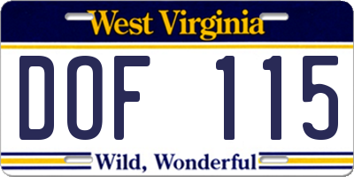 WV license plate DOF115