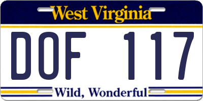 WV license plate DOF117