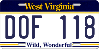 WV license plate DOF118