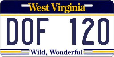 WV license plate DOF120