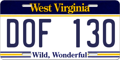 WV license plate DOF130